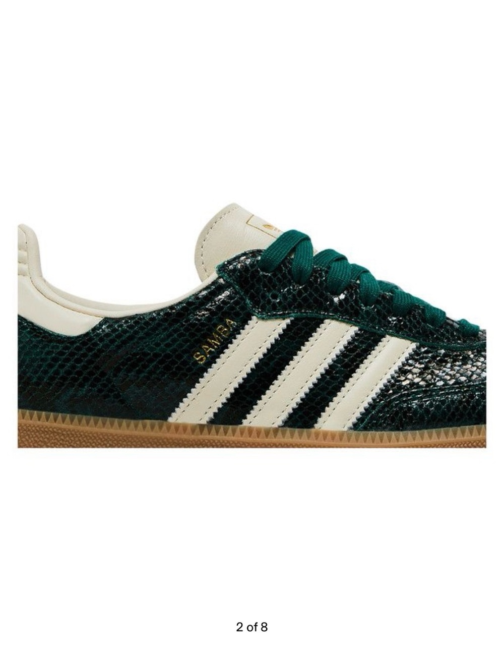 Adidas women’s Samba Sneakers in Green Snakeskin with White Stripes and Gum Sole - Picture 2 of 9